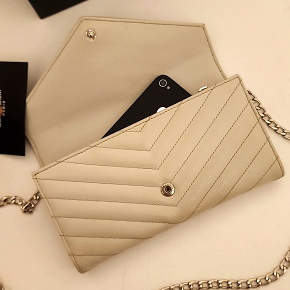 YSL Cloud Gray Caviar Flap Crossbody Large Purse Clutch WOC + Box - Picture 5 of 16